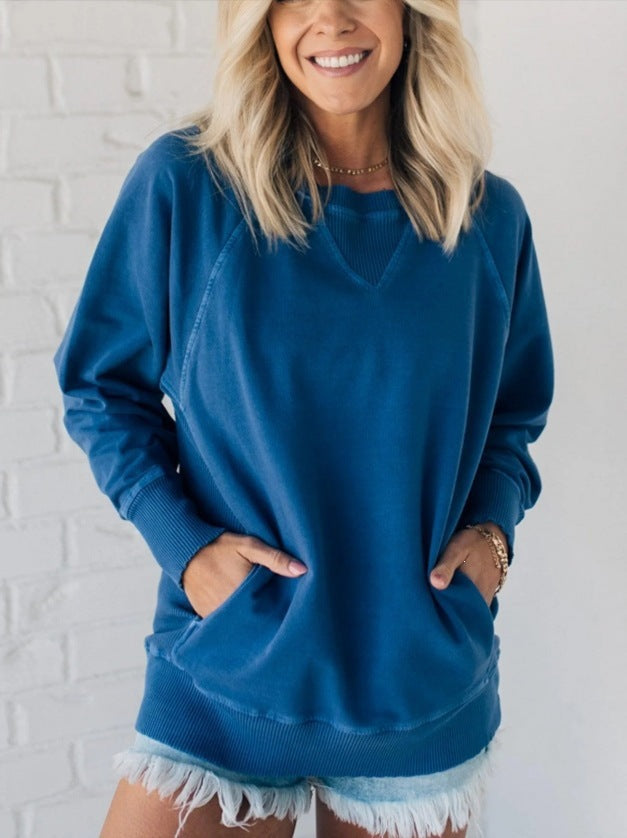 Damen Oversize Baumwoll-Sweatshirt mit V‑Stitch, Rippbündchen und Seitentaschen Drune