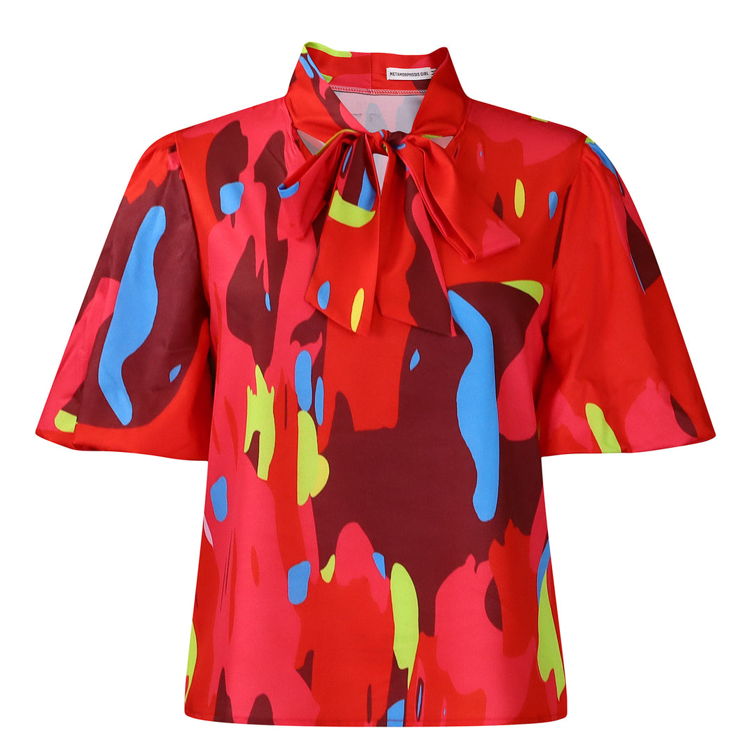 Damen Bluse mit eleganter Schleifenkragen und farbenfrohem Muster Drune
