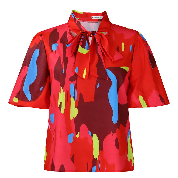 Damen Bluse mit eleganter Schleifenkragen und farbenfrohem Muster Drune