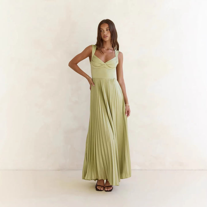 Damen Plissiertes Maxikleid mit vorteilhaftem V-Ausschnitt und femininem Design Drune