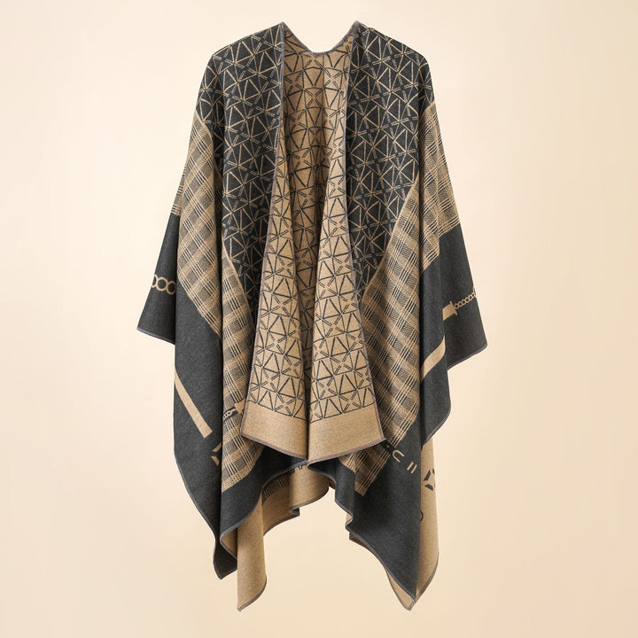 Damen Geometrisches Jacquard-Ruana-Cape aus Wollmix mit offener Kimono-Silhouette Drune
