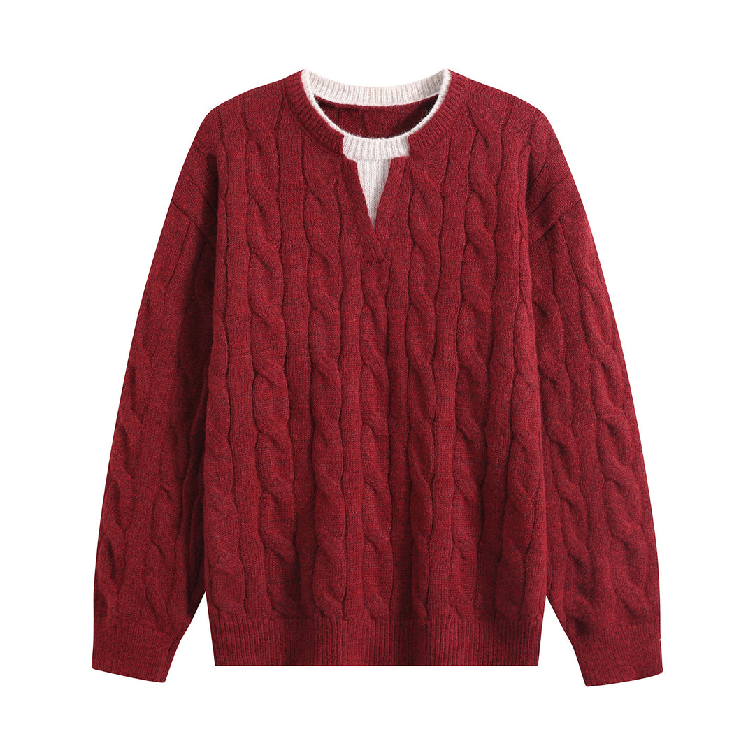 Damen Oversize Zopfmuster-Pullover mit V‑Schlitzkragen Drune