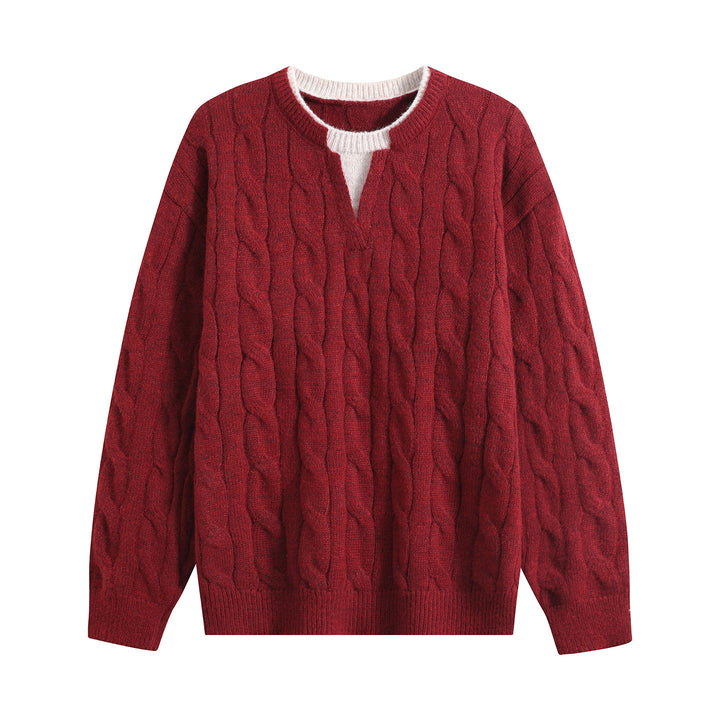 Damen Oversize Zopfmuster-Pullover mit V‑Schlitzkragen Drune