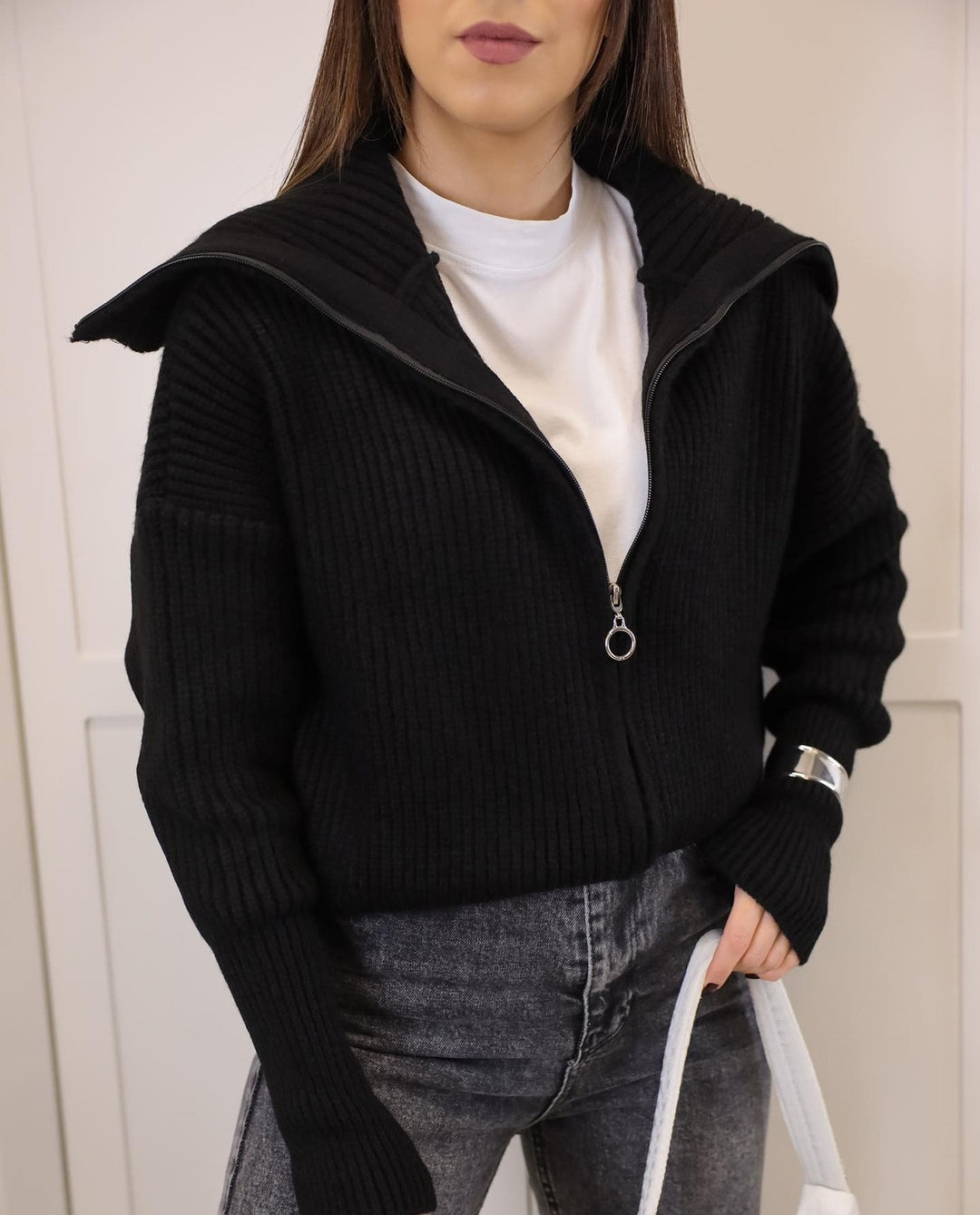 Damen Oversize Strickjacke mit Reißverschluss und hohem Kragen Drune
