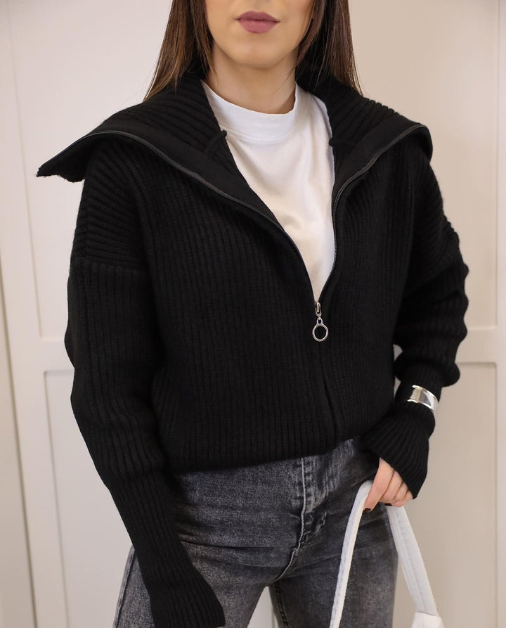 Damen Oversize Strickjacke mit Reißverschluss und hohem Kragen Drune