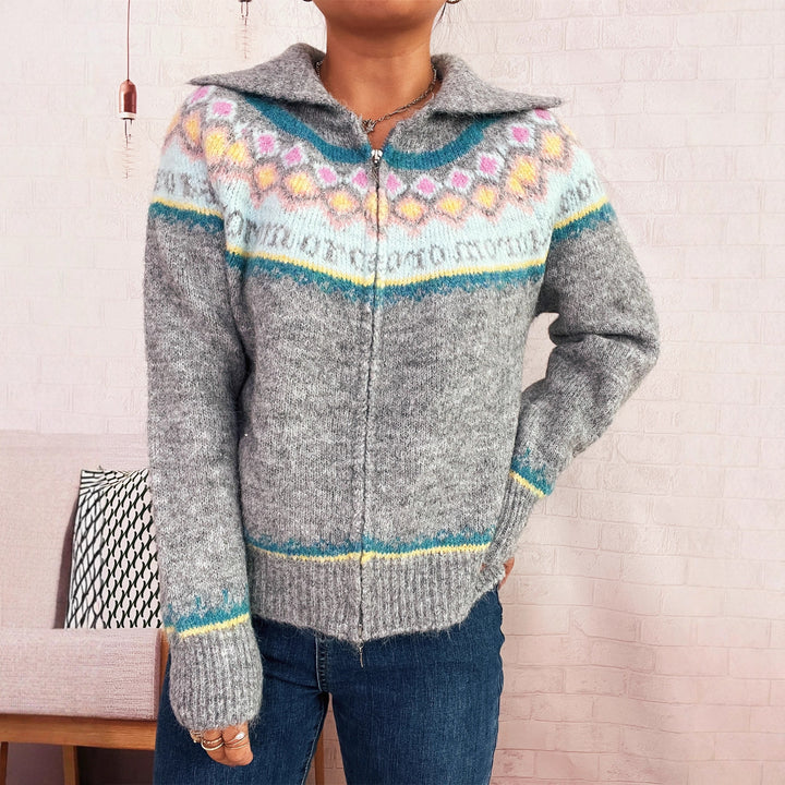 Damen Strickjacke mit floralem Muster und modernem Reißverschluss Drune