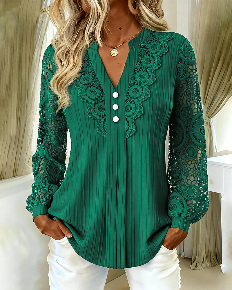 Damen Elegante Plissée-Bluse mit Spitzenärmeln und V-Ausschnitt Drune