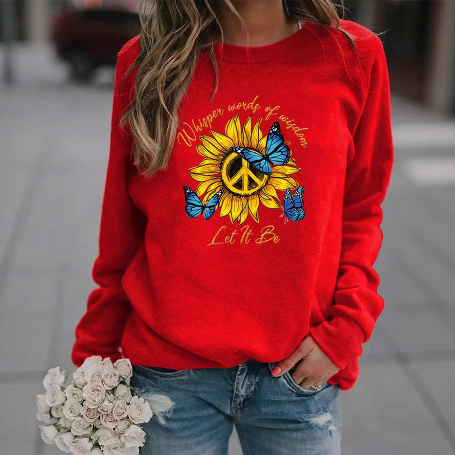Damen Sweatshirt mit künstlerischem Sonnenblumen- und Schmetterlingsdesign Drune