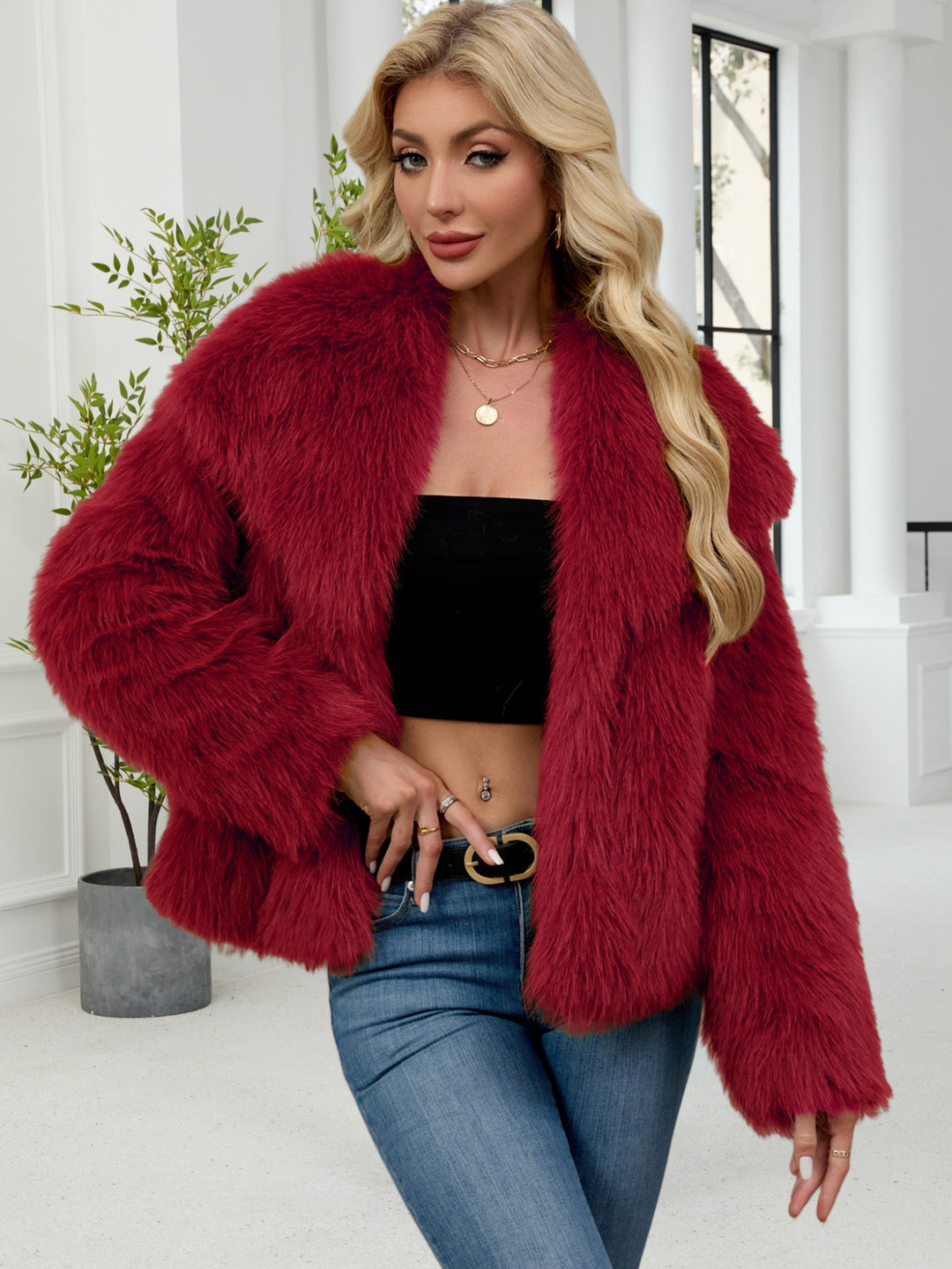Damen Flauschige Kunstpelzjacke mit oversized Schnitt und voluminösen Ärmeln Drune