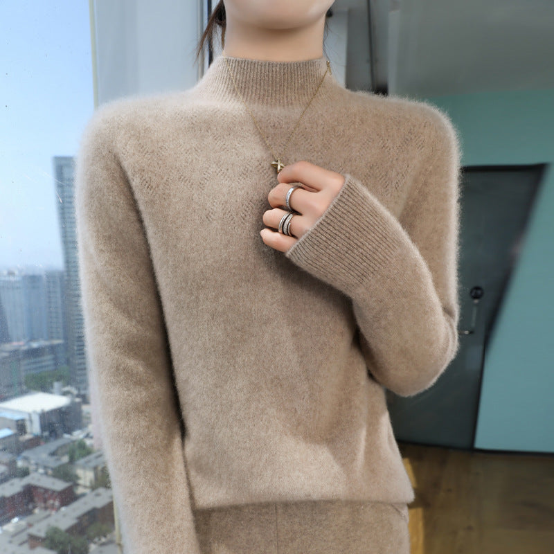 Damen Schlanker minimalistischer Stehkragen-Feinstrickpullover mit geripptem Hals Drune