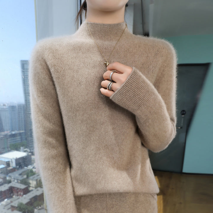 Damen Schlanker minimalistischer Stehkragen-Feinstrickpullover mit geripptem Hals Drune