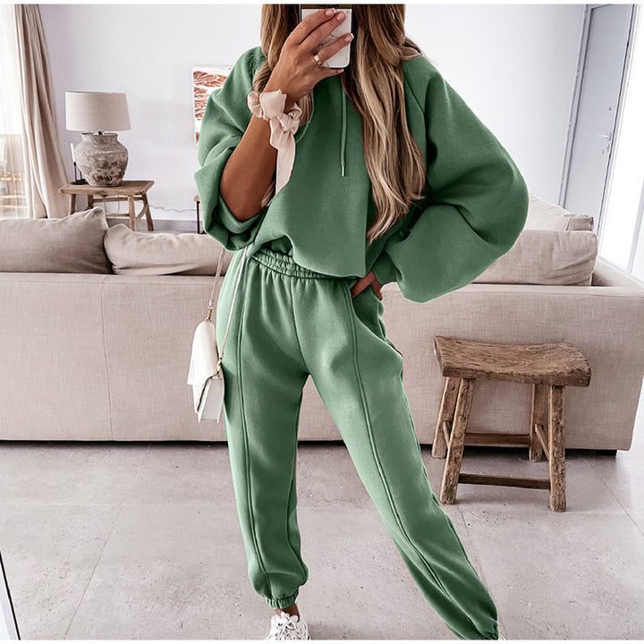 Damen kuscheliges Lounge-Zweiteiler-Set mit oversized Kapuzenpullover, Balloon-Ärmeln und taillierter Jogginghose Drune