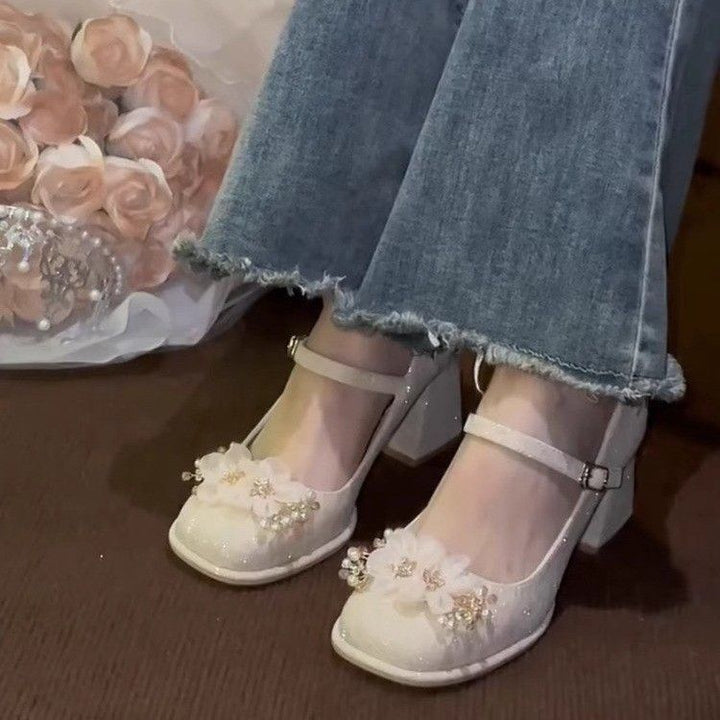 Damen zarte Mary Jane Pumps mit luftiger Blumenverzierung Drune