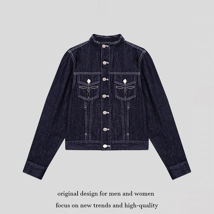 Damen Taillierte Jeansjacke mit Stehkragen, Ziernähten und Metallknopfverschluss Drune