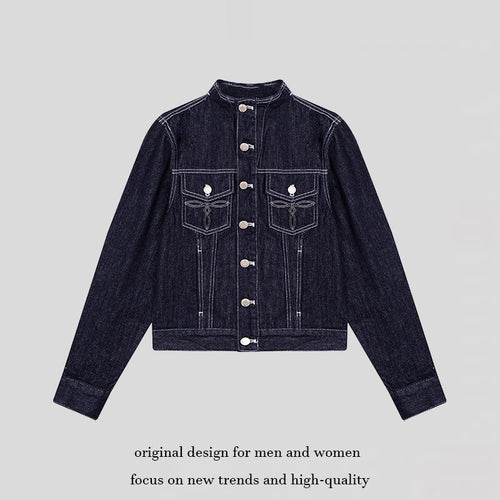Damen Taillierte Jeansjacke mit Stehkragen, Ziernähten und Metallknopfverschluss Drune