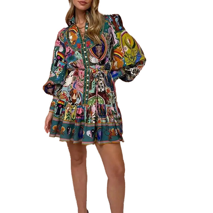Damen Verspieltes Midikleid mit buntem Tier- und Blumenmuster und weiten Ärmeln Drune