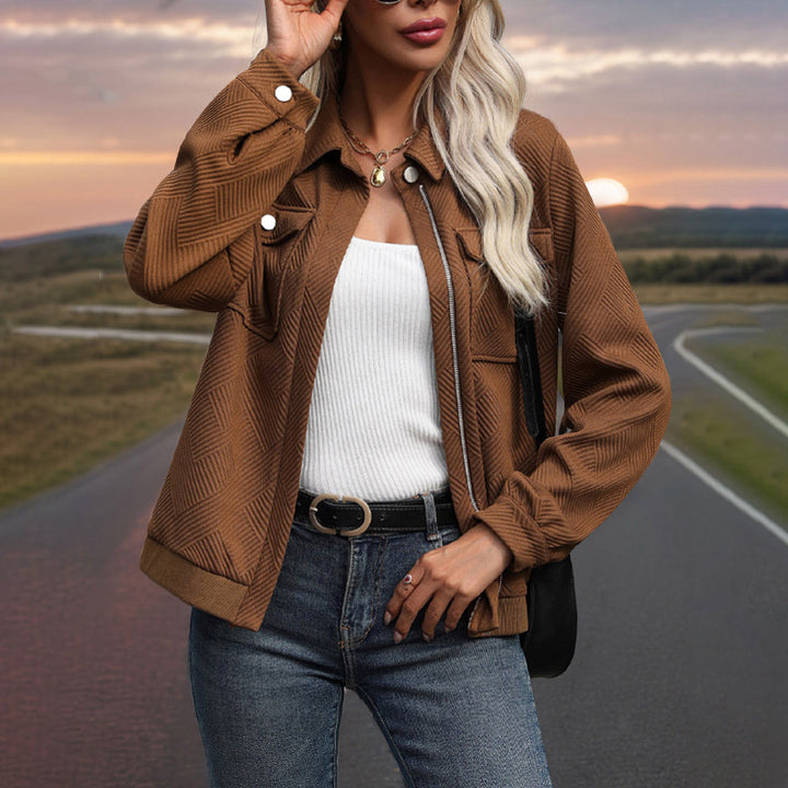 Damen Gestepptes Übergangs‑Shacket mit Klappentaschen, Reißverschluss und Strukturjacquard Drune