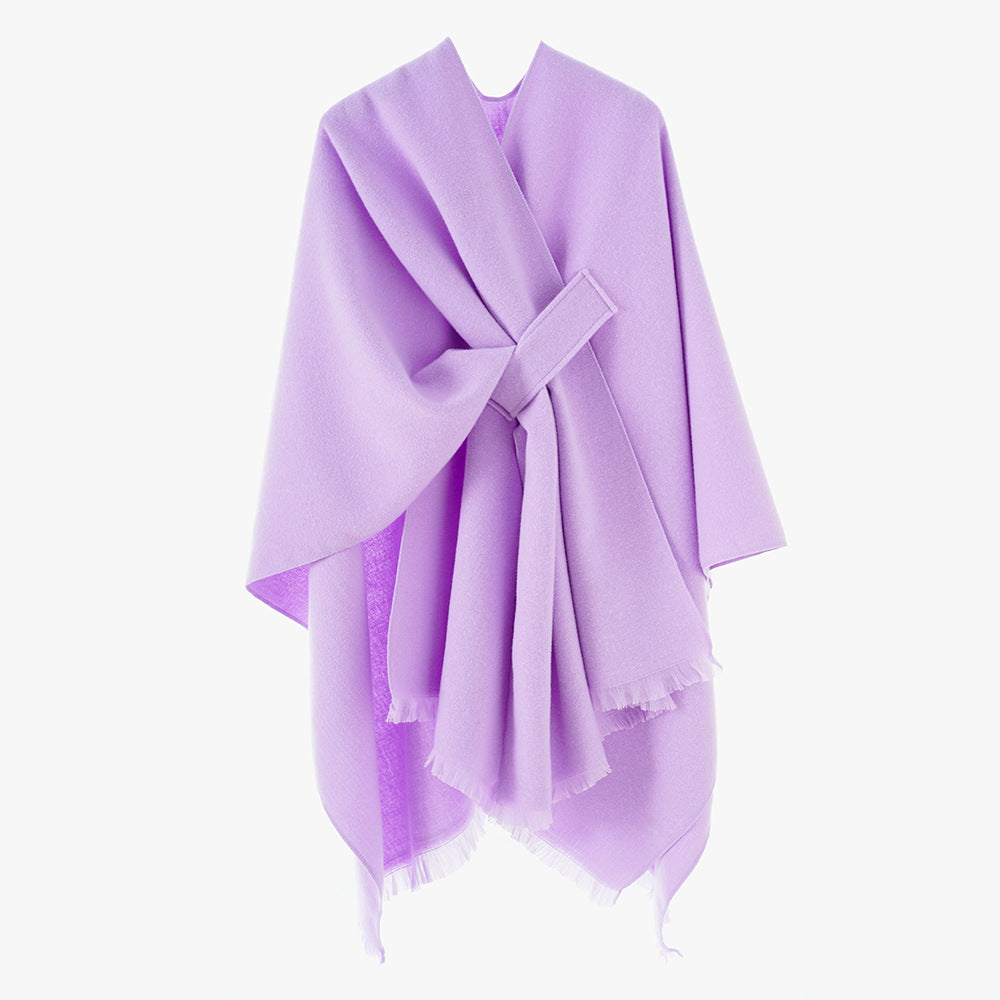 Damen Strickponcho mit geometrischem Blockmuster und Fransen Drune