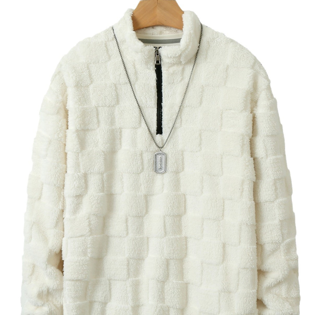 Herren karierter Sherpa-Halbzip-Pullover mit hohem Stehkragen und weicher Teddy-Fleece-Qualität Drune
