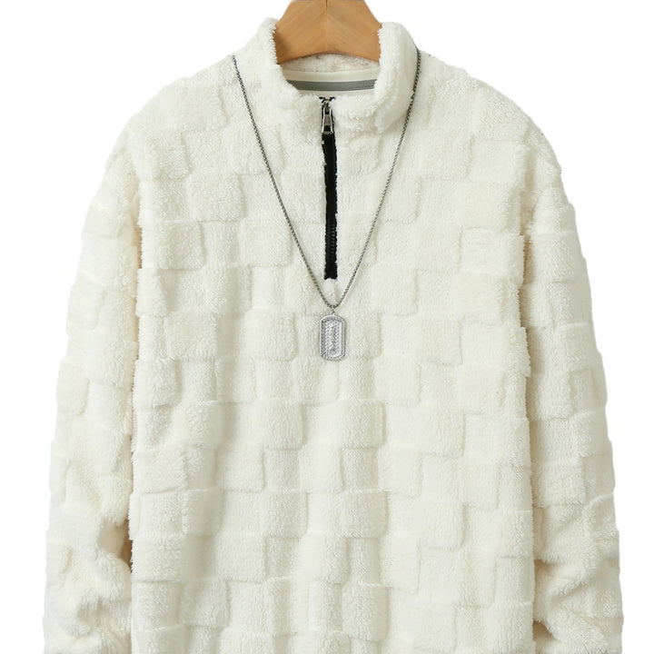 Herren karierter Sherpa-Halbzip-Pullover mit hohem Stehkragen und weicher Teddy-Fleece-Qualität Drune