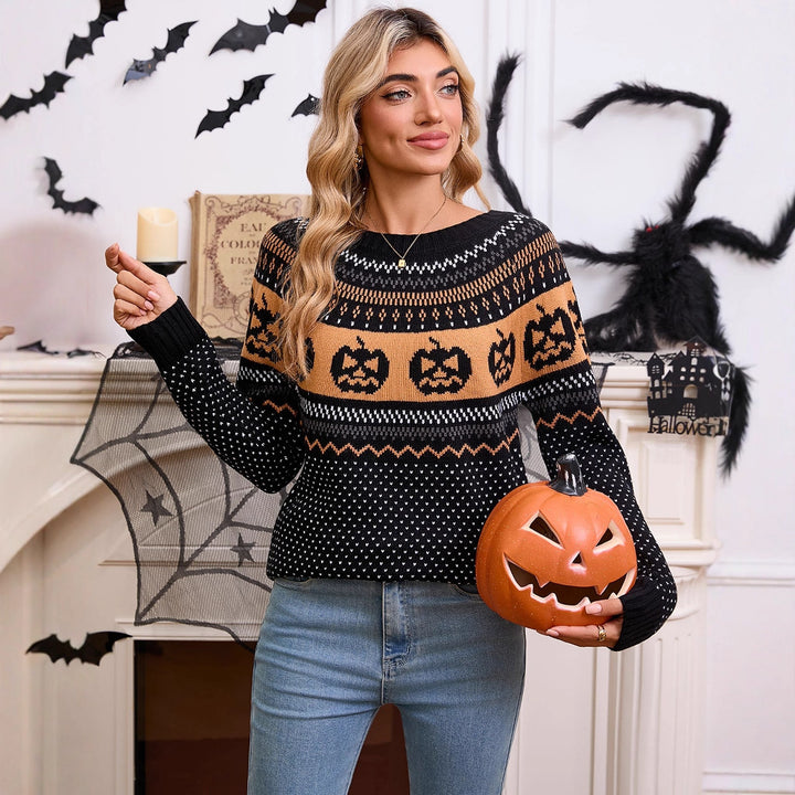 Damen Strickpullover mit Halloween-Motiv und Feinstrickstruktur Drune