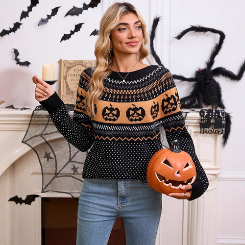 Damen Strickpullover mit Halloween-Motiv und Feinstrickstruktur Drune