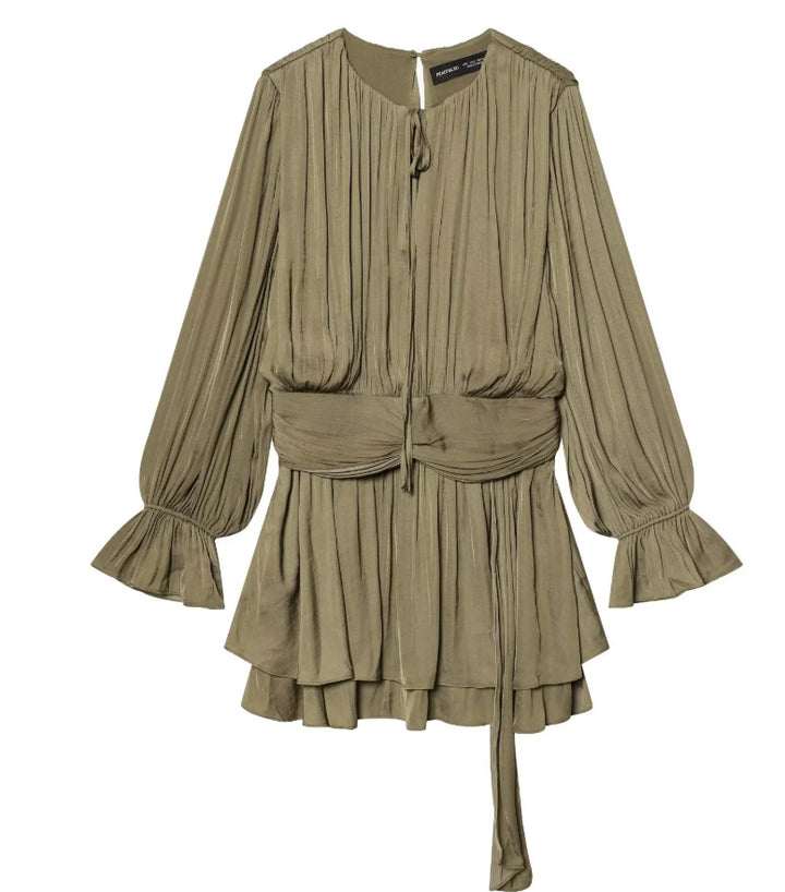 Damen Plissiertes Bindeblouson-Minikleid mit tailliertem Wickelgürtel und Glockenärmeln Drune