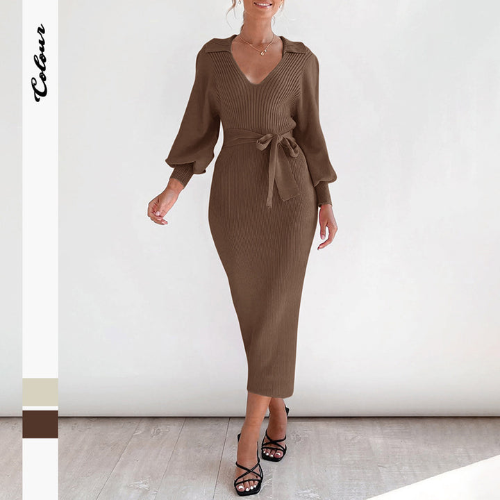 Damen Figurbetontes Rippstrick Midikleid mit V Ausschnitt Schalkragen Ballonärmeln und Bindegürtel Drune