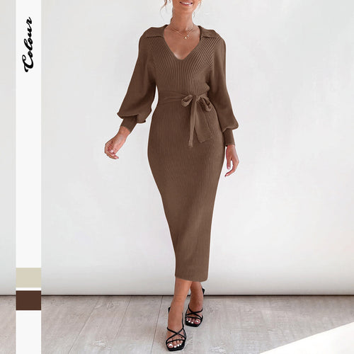 Damen Figurbetontes Rippstrick Midikleid mit V Ausschnitt Schalkragen Ballonärmeln und Bindegürtel Drune
