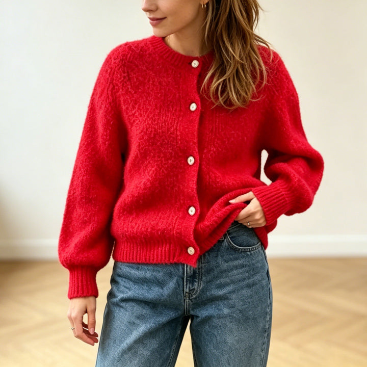 Damen Kuschelige Mohair-Optik Strickjacke mit Rundhals und Ballonärmeln Drune
