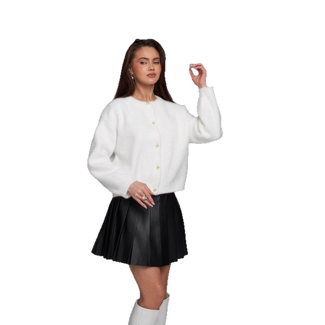 Damen Elegante Flauschige Strickjacke mit Perlenknöpfen Drune