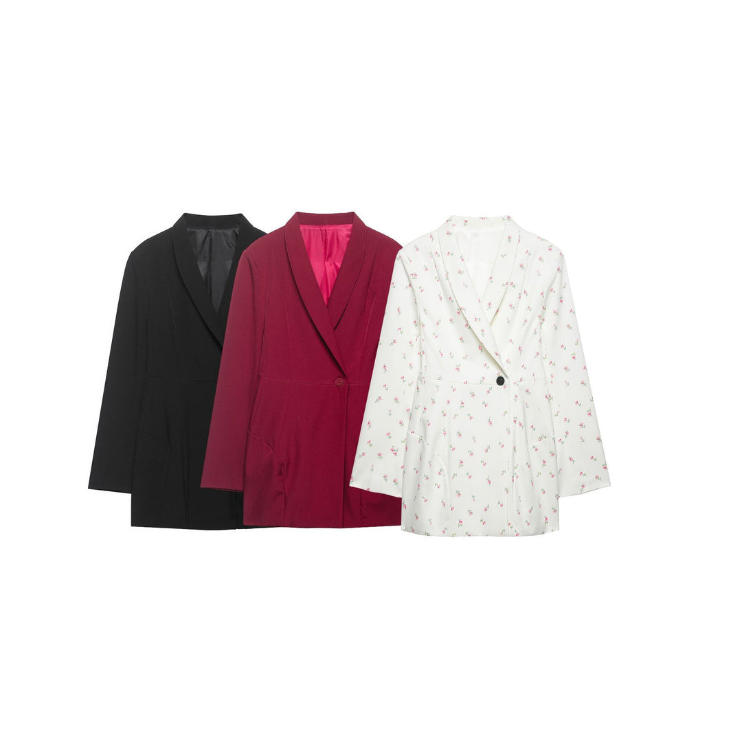 Damen Floraler Schalkragen-Blazer mit lockerem Schnitt und aufgesetzten Taschen Drune
