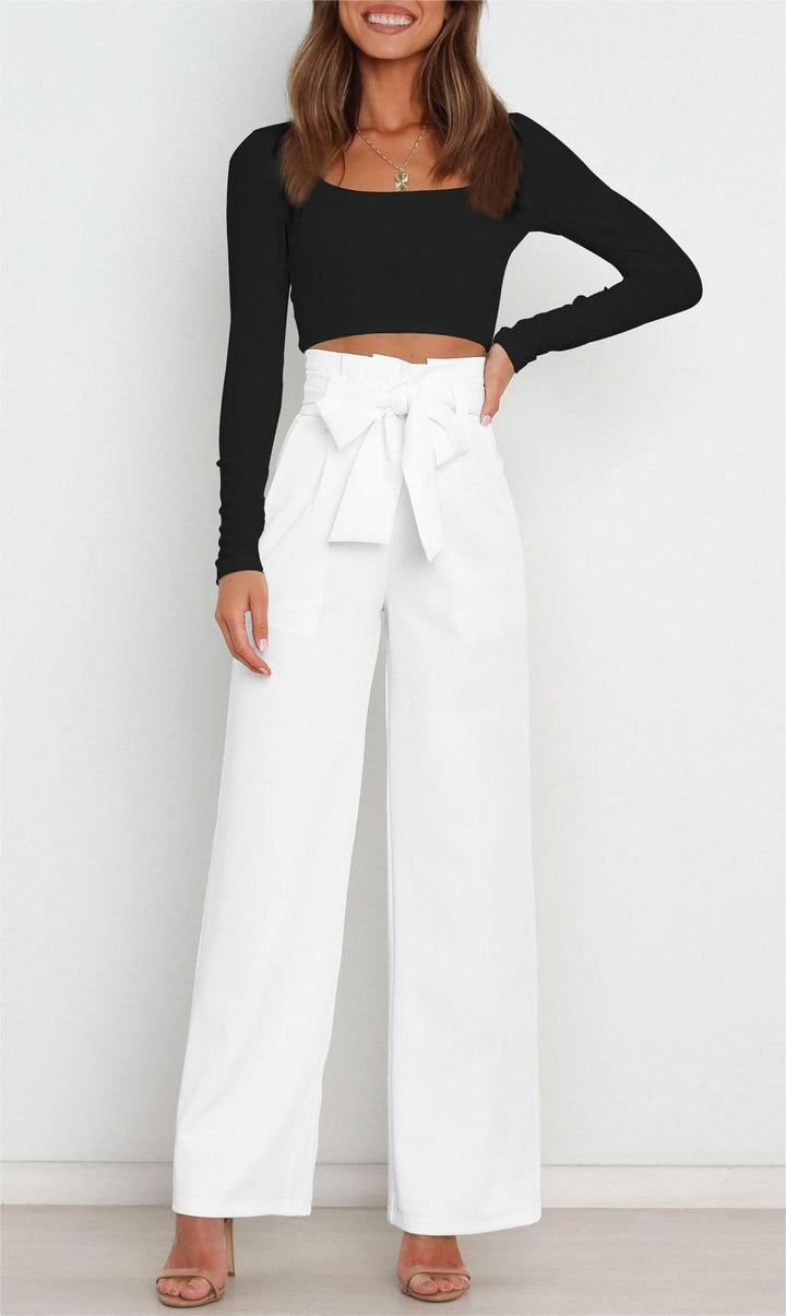 Damen Weite High-Waist Paperbag-Hose mit Bundfalten und Bindegürtel Drune