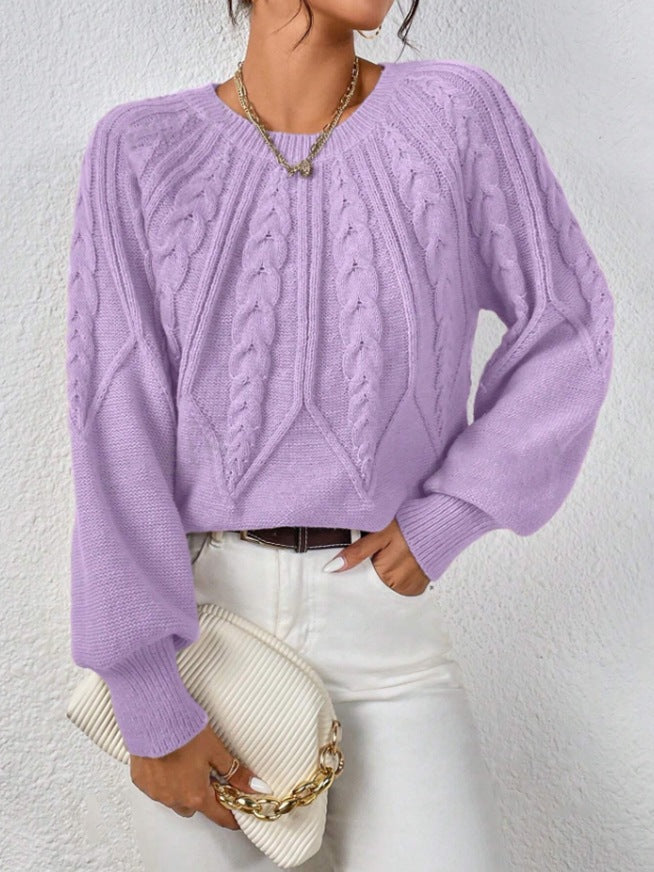 Damen nan kurzer Zopfmuster-Strickpullover mit Ballonärmeln und geripptem Saum Drune