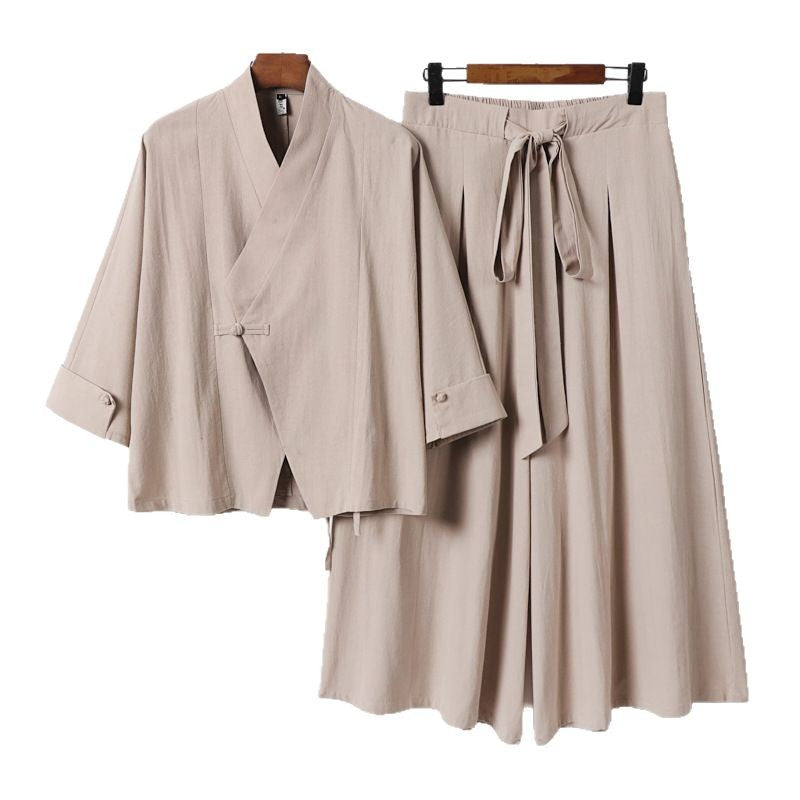 Damen Leichtes Kimono-Loungewear-Set mit V-Ausschnitt dreiviertelärmeln und weiten Palazzo-Hosen Drune
