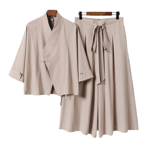 Damen Leichtes Kimono-Loungewear-Set mit V-Ausschnitt dreiviertelärmeln und weiten Palazzo-Hosen Drune