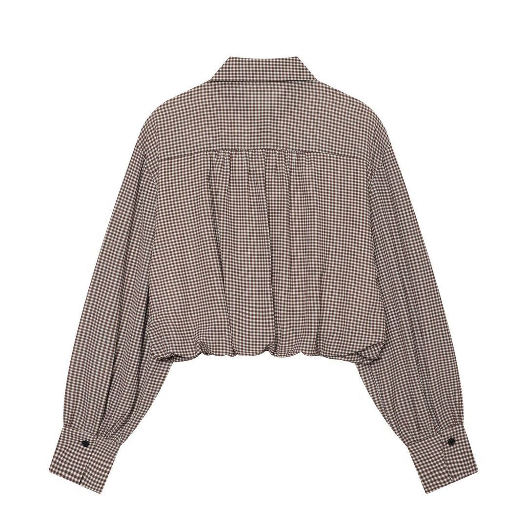 Damen Karo-Cropped-Hemdbluse mit Ballonärmeln und Brusttasche Drune