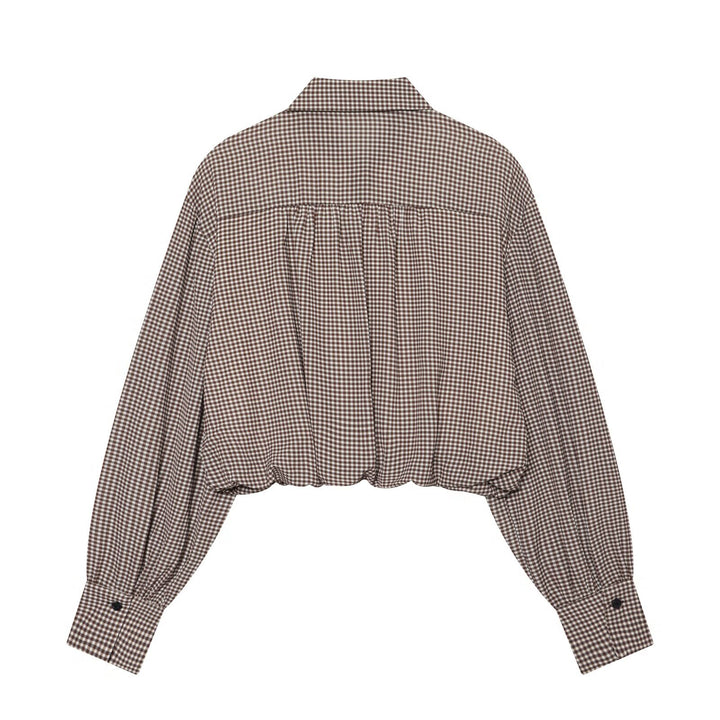 Damen Karo-Cropped-Hemdbluse mit Ballonärmeln und Brusttasche Drune