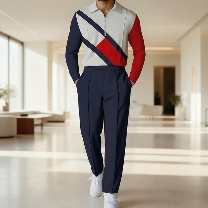 Herren modisches Langarmshirt mit Reißverschluss und einzigartigem Blockdesign Drune