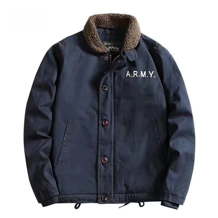 Herren nan gefütterte Canvas-Pilotjacke mit Teddykragen, verdeckter Knopfleiste und verstellbarem Kordelzugsaum Drune