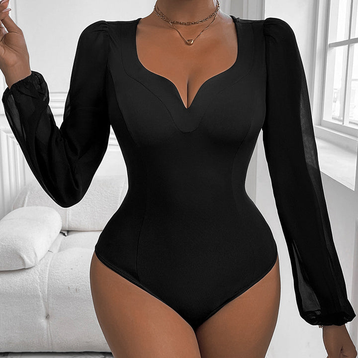 Damen Figurbetontes Body-Top mit herzförmigem Ausschnitt, Puffärmeln und taillierter Silhouette Drune