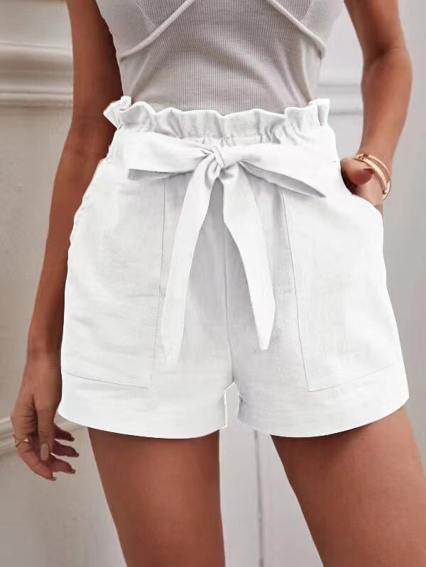 Damen elegante Shorts mit Bindegürtel und breitem Bund Drune