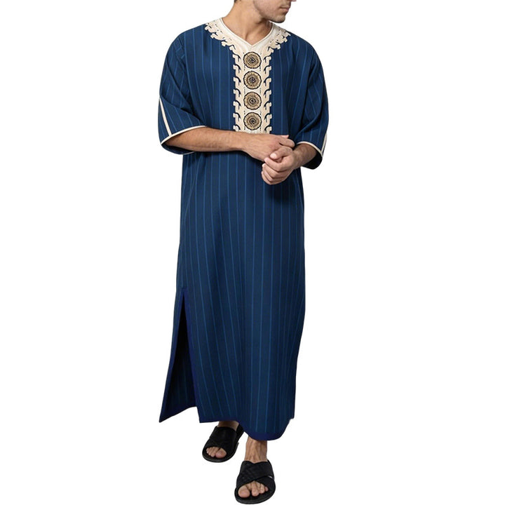 Herren nan gestreifte Djellaba mit dekorativer Bruststickerei und seitlichem Schlitz Drune