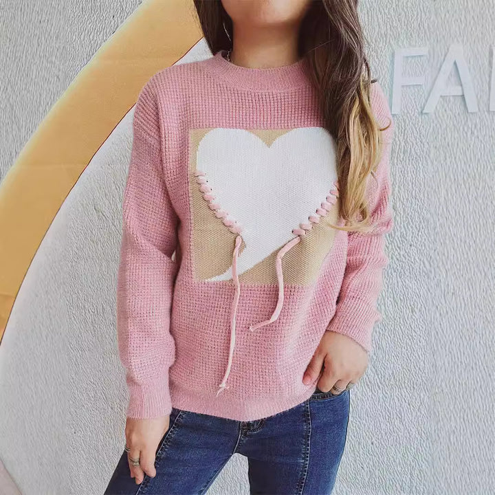 Damen modischer Pullover mit Herzapplikation und rückseitigem Kordelzug Drune
