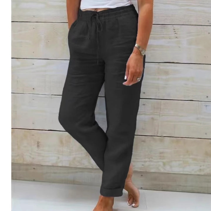 Damen nan lässige Leinenhose mit elastischem Bund Kordelzug und Seitentaschen Drune