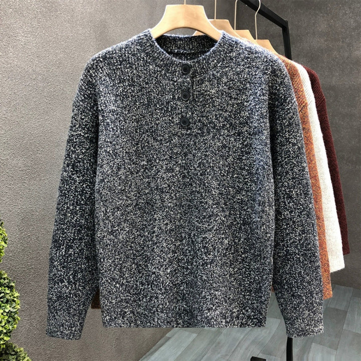 Herren Komfortabler Rippstrick-Halbknopfpullover mit Rundhalsausschnitt und legerer Passform Drune