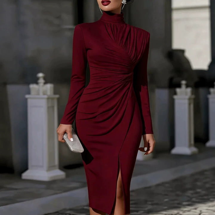 Damen Elegantes Midikleid mit geraffter Drapierung, Stehkragen und Beinschlitz Drune