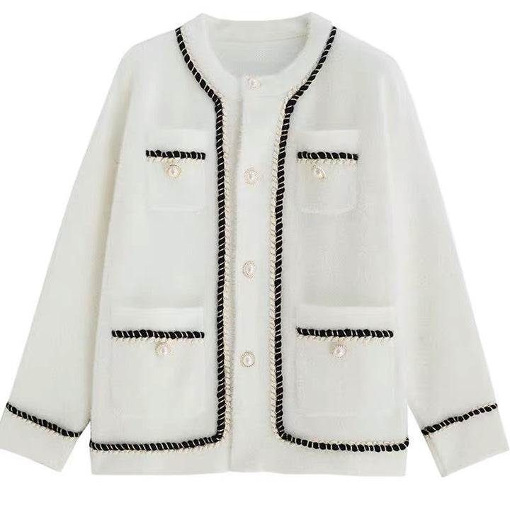 Damen modische Strickjacke mit eleganten Kontrastnähten und Knopfdetails Drune