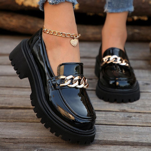 Damen Chunky Loafers mit goldener Kettenverzierung und rutschfester Sohle Drune
