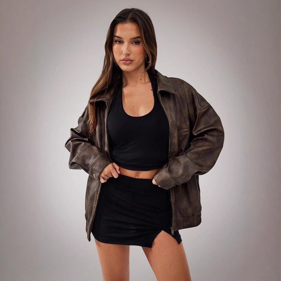 Damen Sportliche Oversized-Lederjacke mit praktischen Taschen und elastischem Saum Drune